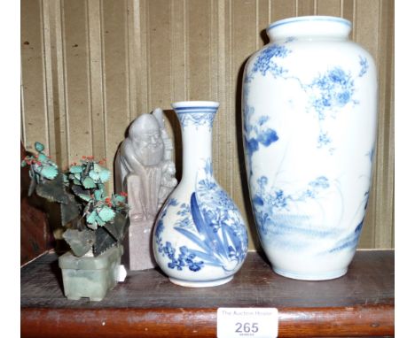 Two Chinese blue and white vases, 19cm and 14cm high, a Chinese chop seal, and a Chinese jade tree with malachite flowers on 