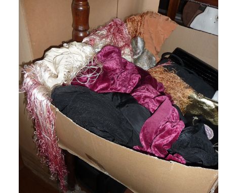 Vintage clothing: Assorted evening bags, shawls (one silk and embroidered with flowers) with tassels and fabrics, etc.