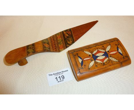 19th c. Tonbridge or Sorrento Ware treen shoe-shaped letter opener (approx. 18.5cm long), with a hand painted fruitwood snuff