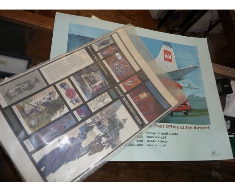 7 vintage 1960s educational posters - History of Mail Transport by Michael Heslop approx. 30" x 20", together with three larg