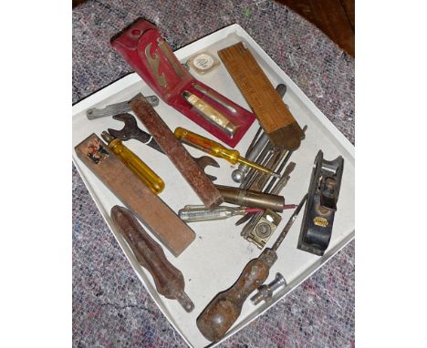 Vintage tools, inc. a small Stanley Bullnose wood plane and brass levels, etc.