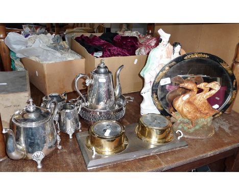 Oval mirror with Chinese lacquer frame, silver plated tea set, clock/barometer set and cast iron ducks doorstop