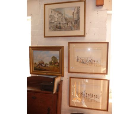 Watercolour signed Clayton Hole of a busy Victorian town street scene, a pair of watercolours of beach scenes with figures by