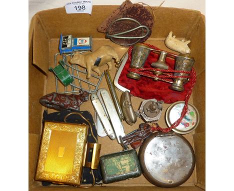 Collection of interesting bits inc. toy farm animals, Kigu minaudière style combination powder compact and cigarette case, Ve