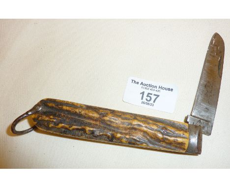 WW2 folding knife with antler scales blade marked with military arrow and UN&amp;S 6. Approx. 20cm long (open)