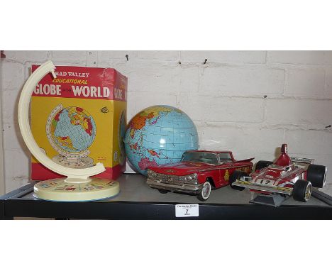 Tin plate "Fire Chief" car, Italian diecast Ferrari and a Chad Valley globe (A/F)