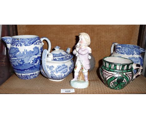 Two Copeland Spode jugs and a teapot (A/F) and three other pieces