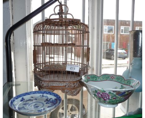 Oriental Famille Vert bowl and a blue &amp; white saucer. Together with a Chinese bamboo bird cage