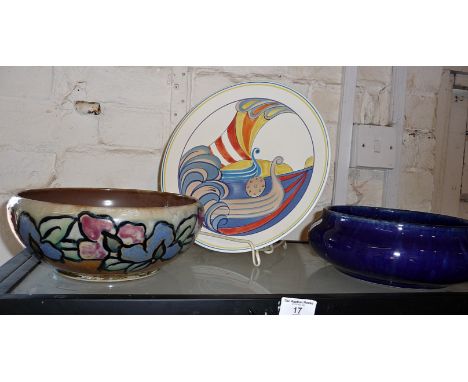 Two Royal Doulton stoneware bowls and a Poole Pottery studio plate