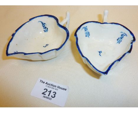 Pair of Georgian Caughley 'Locre Sprigs' blue and white leaf shaped butter dishes in the rare Decor a la Brindille pattern