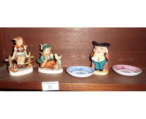 Two Goebel Hummel china figures, a small Toby Jug and two Spode "Camilla" pin trays