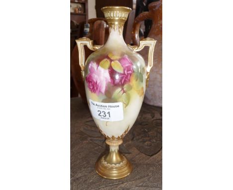 Royal Worcester two-handled case, 7" tall, puce mark to base