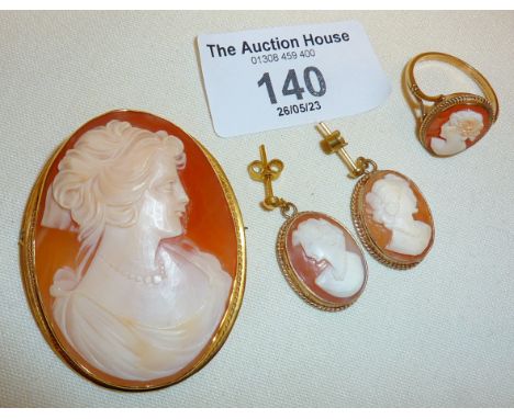 Vintage 9ct gold shell cameo jewellery - a brooch, ring and drop earrings, all fully hallmarked