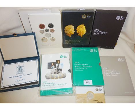 Royal Mint boxed Annual coin sets (some brilliant uncirculated) for the years, 2016, 2018 x 2, 2019 and 2021. Also inc. 1986 