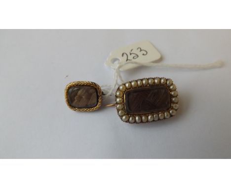 Two antique Georgian mourning brooches:  one pearl &amp; gold and the other part gold with  snake border        