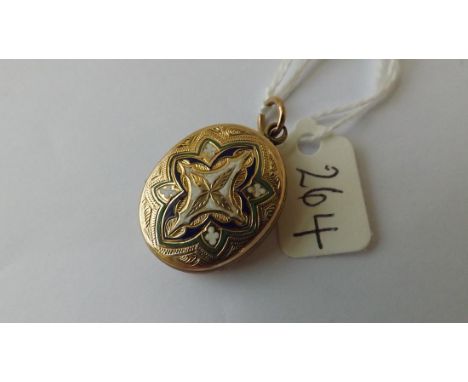 Antique 9ct back &amp; front oval locket with enamel  decoration.        