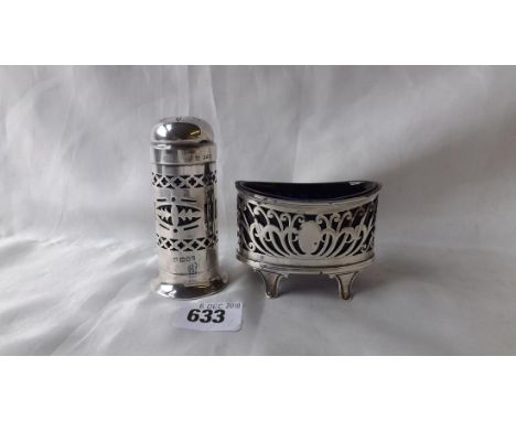Large boat shaped pierced salt on bracket feet Ches 1903  by EJH, also a perperette 110g.     