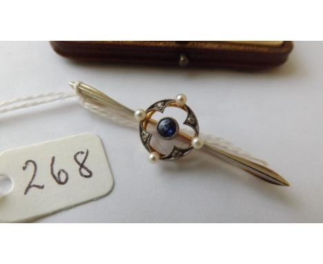 Antique 15ct sapphire, diamond and pearl brooch  in fitted box.        
