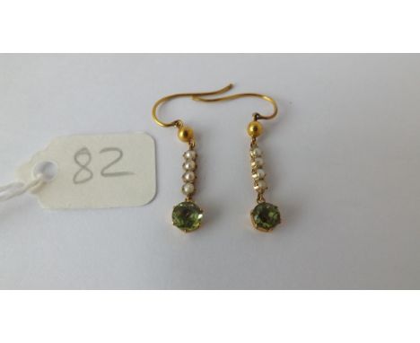 Pair of gold peridot and pearl ear pendants    