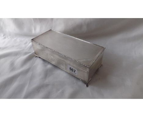Good quality rectangular cigarette box with engine  turned sides and foliate rim 8" wide B'ham mod. by  H. Bros        