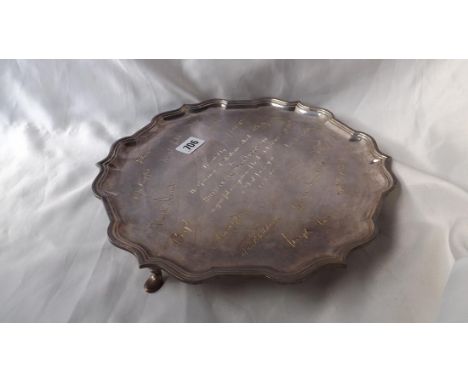 Geo. style waiter with moulded rim on 4 pad feet 11"  dia. Sheff mod. by R &amp; B 820g.     