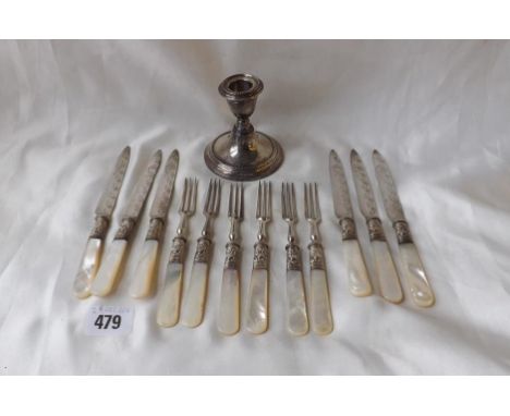 6 pairs of plated dessert eaters with MOP handles    also a single dwarf candle stick B'ham 1911 by JC   