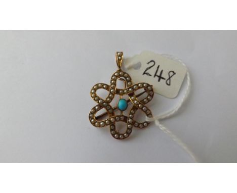 Antique 9ct turquoise &amp; pearl woven pendant brooch  