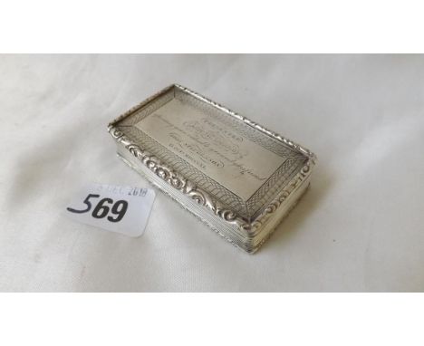 Vic. rectangular snuff box with applied foliate rims  and engine turning 3" wide B'ham 1839 by FC 90g.  