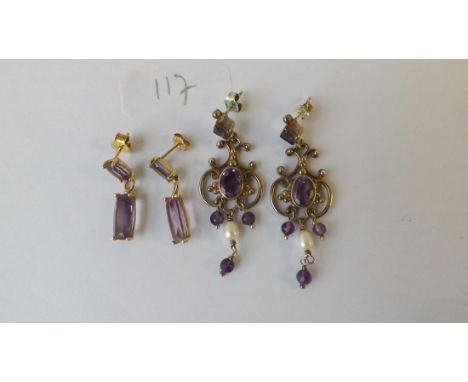 Pair of purple stone and pearl foreign ear pendants  setting silver also another pair      