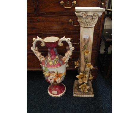 A group of Capo di Monte ceramic items to include colum stand with floral design, twin handled vase with figural design, pian