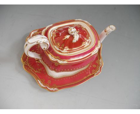 A Spode Lancaster Crimson pattern tea pot with stand