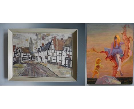 Pair of paintings, to include one WALFORD framed, signed, 20th Century, oil on board, depicting a street of Tudor style house