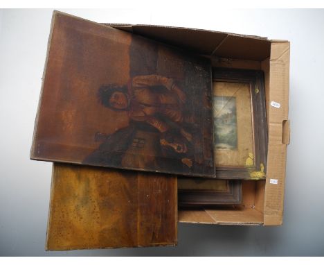Quantity of some framed, unsigned, 19th Century, various mediums, to include oil on canvas landscape and portrait and portrai