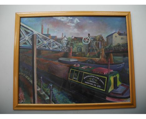 JAMES BARBER. Framed, glazed, signed, dated 1994, oil on board, canal scene of a Birmingham canal boat passing under a bridge