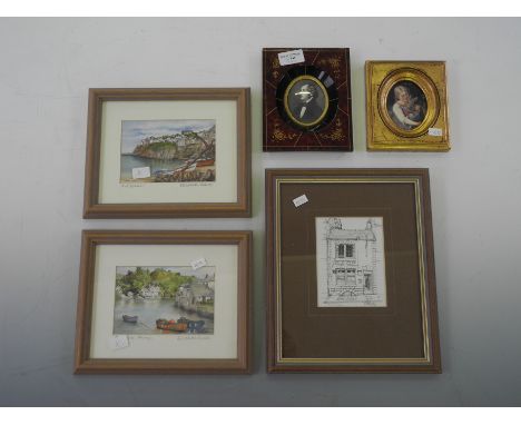 Two drawings of Pubs, two boat paintings, and a portrait of a Gentleman.