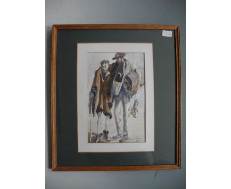 GLENYS PAYMAN. Framed, glazed, signed, dated April 2002, watercolour on paper, portrait of two vagabonds supporting each othe