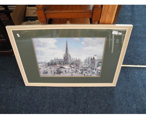 A framed and glazed print of St Martins and a glass walking stick.