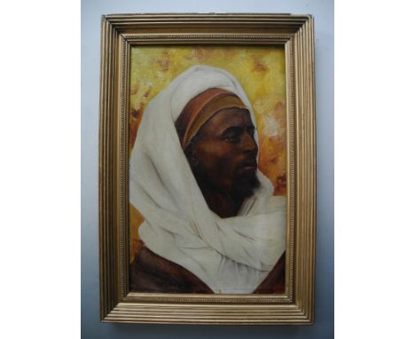 E W SHEFFIELD. Framed, signed, 20th Century, oil on canvas, portrait of the head of an African gentleman swathed in headscarv