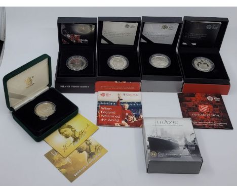 Six Elizabeth II Royal Mint Alderney 5 pounds silver proof crown size commemorative coins:&nbsp;1 x 2010 Great Britons series