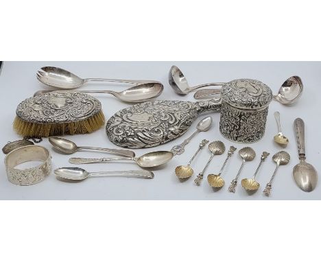 A small collection of silver ware, to include: a silver hinged bangle, together with a set of six Victorian silver teaspoons,