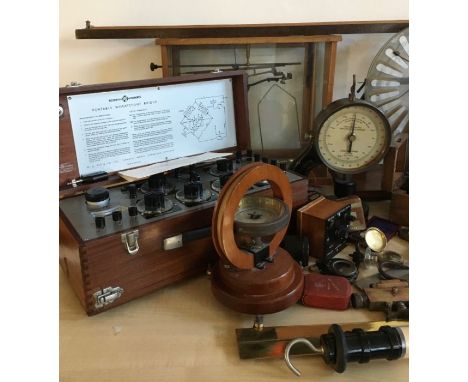 A large collection of scientific instruments. to include opera glasses and a Mamod steam engine&nbsp;