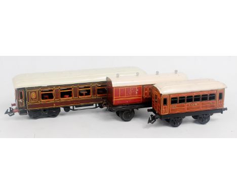 Bing red LMS bogie coach with repainted hinged roof and internal tables and chairs fitting - chips and scratches and one side
