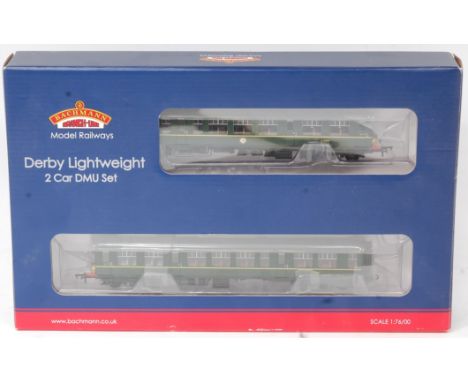 A Bachmann 32-515 Derby Lightweight 2 car DMU BR green with yellow warning panels, DCC8 and DCC6 (VGNM-BNM)
