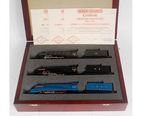 Boxed presentation set of Hornby LNER blue, NE black and BR green A4 class engine and tenders 'Sir Ralph Wedgwood' with certi