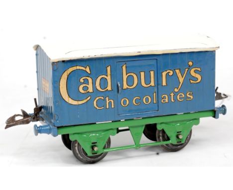 Hornby 1933-4 'Cadbury's' chocolates van, green standard base, lighter blue body, white roof, serif letters, some small chips