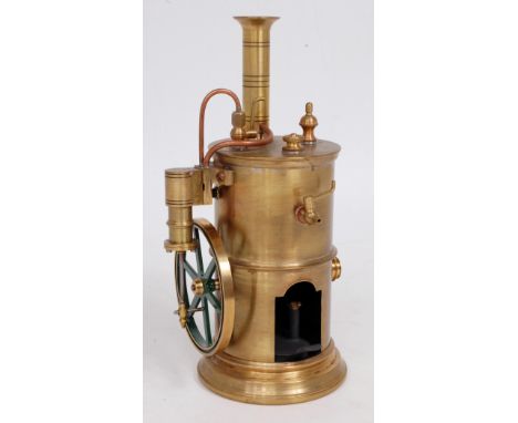 Freelance design spirit fired vertical steam engine, constructed from brass and copper components, comprising single oscillat