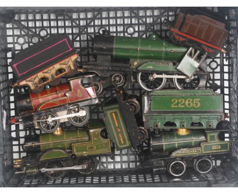 A tray containing a variety of steam locomotives and tenders for spares or repair, Bassett-Lowke 'Princess Elizabeth', Meccan