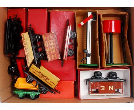 3 boxes of mixed Hornby 0 gauge rolling stock, track and lineside accessories, some examples repainted and restored, to inclu