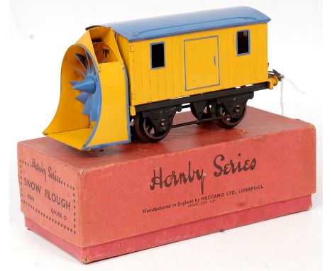 Hornby 1939-40 snowplough plain, black matt standard base, yellow body, blue lined plough and roof, fixed doors, no lamp, L/H