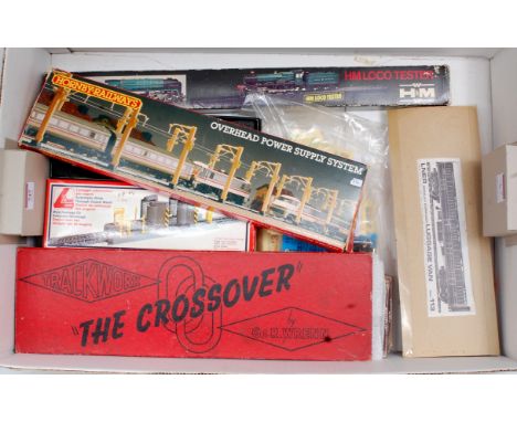 A large tray of mostly boxed accessories including 5x Shinohara assorted pointwork with 2x Wrenn crossovers, Hornby R290 cate